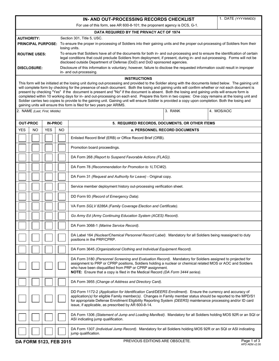 DA Form 5123 In- and out-Processing Records Checklist, Page 1