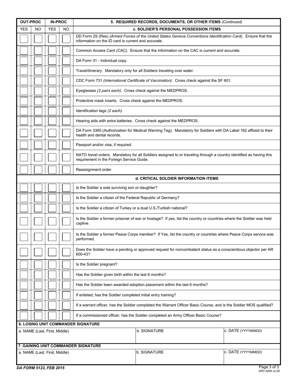 DA Form 5123 In- and out-Processing Records Checklist, Page 3