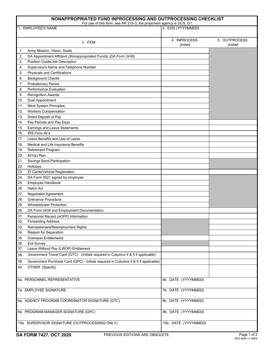 DA Form 7427 Nonappropriated Fund Inprocessing and Outprocessing Checklist, Page 1