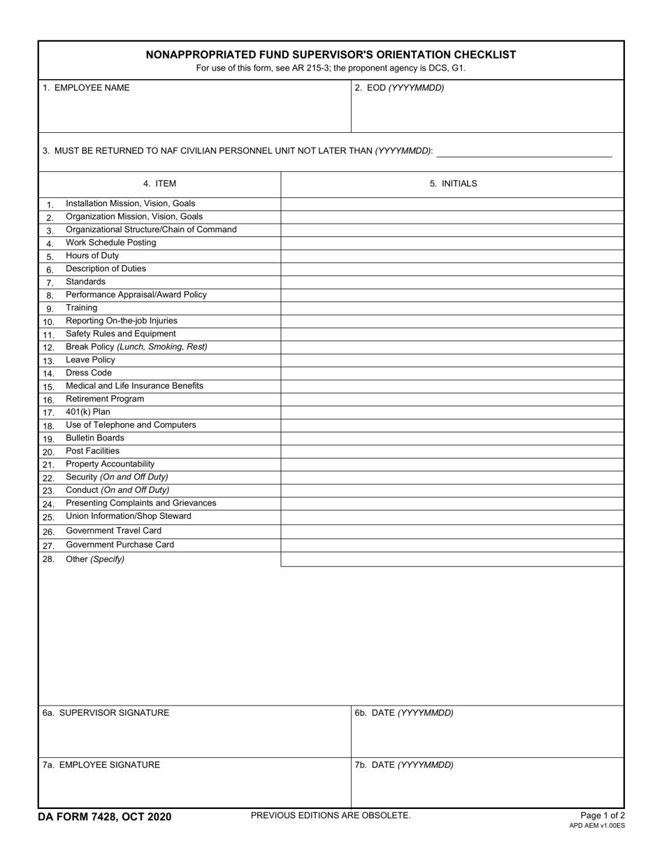 DA Form 7428 Nonappropriated Fund Supervisors Orientation Checklist, Page 1