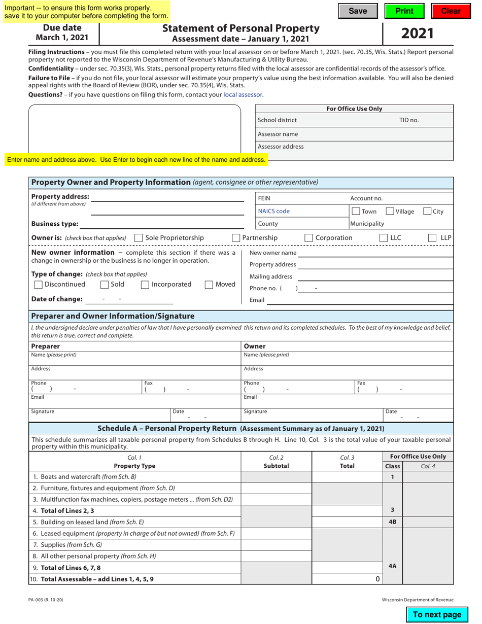 Form PA-003 Statement of Personal Property - Wisconsin, Page 1