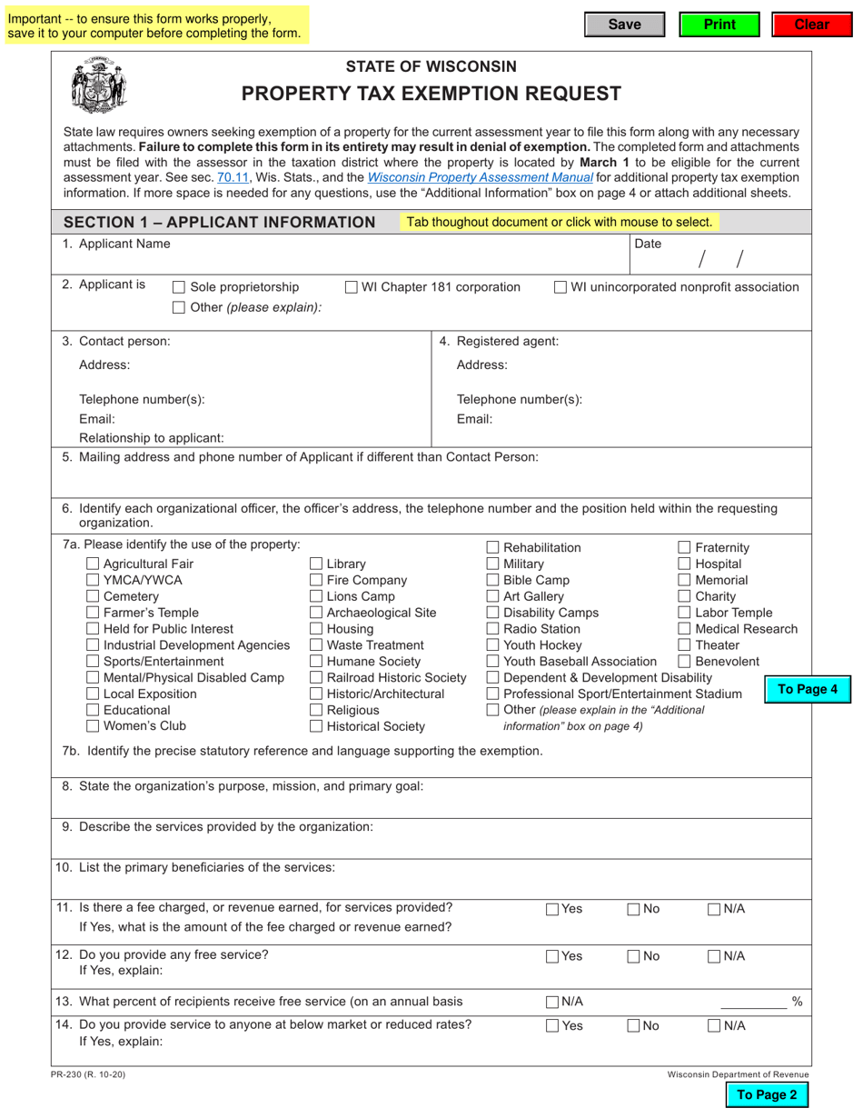 Form PR-230 Property Tax Exemption Request - Wisconsin, Page 1