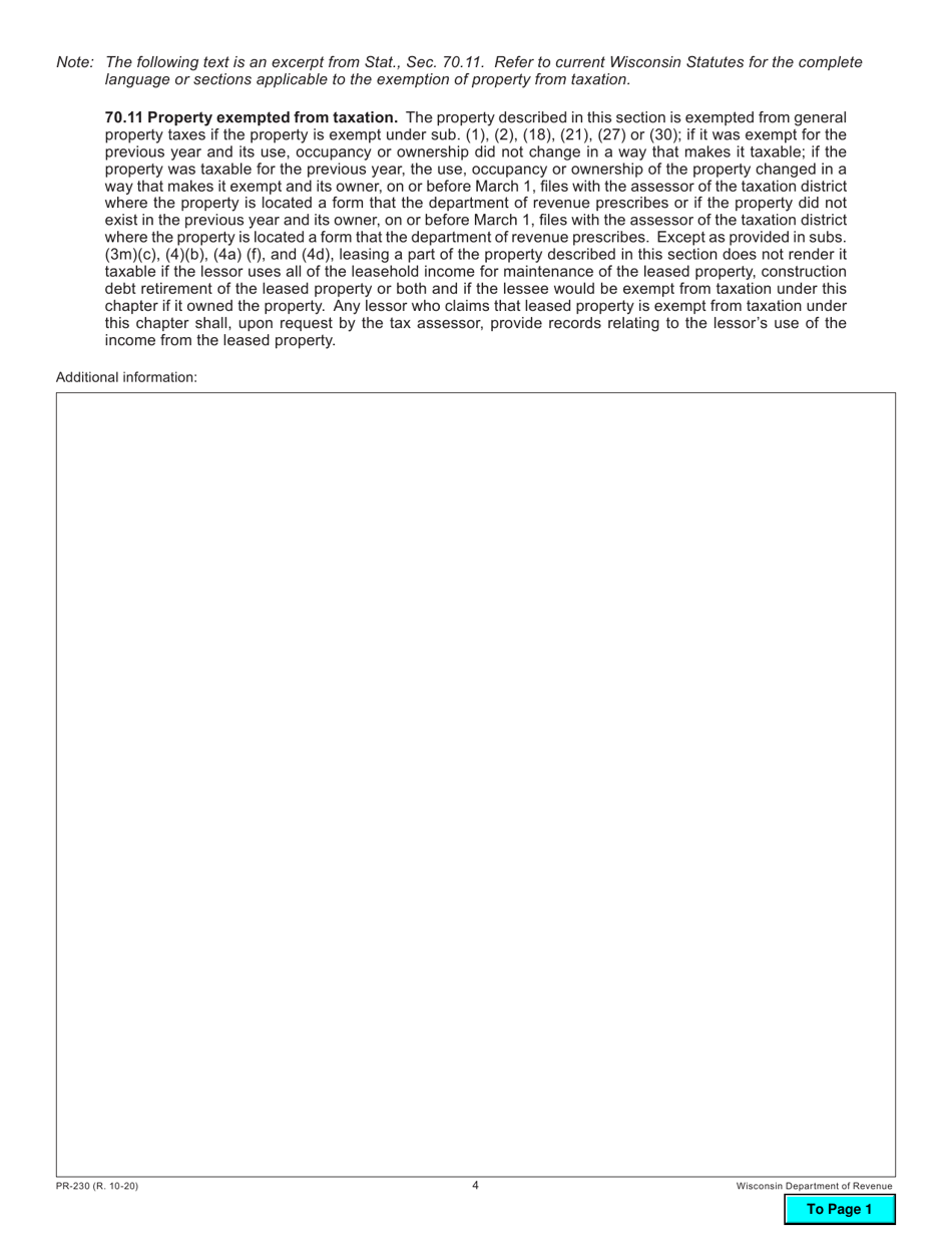 Form PR-230 Property Tax Exemption Request - Wisconsin, Page 4