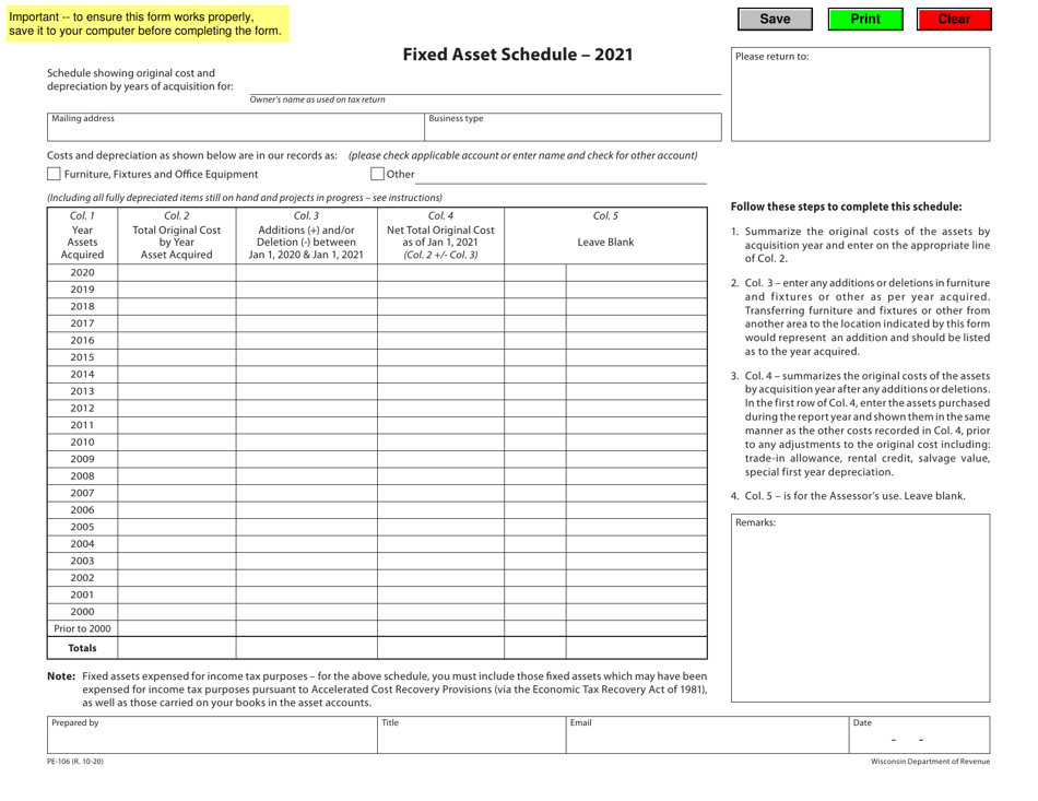 Form PE-106 Fixed Asset Schedule - Wisconsin, Page 1