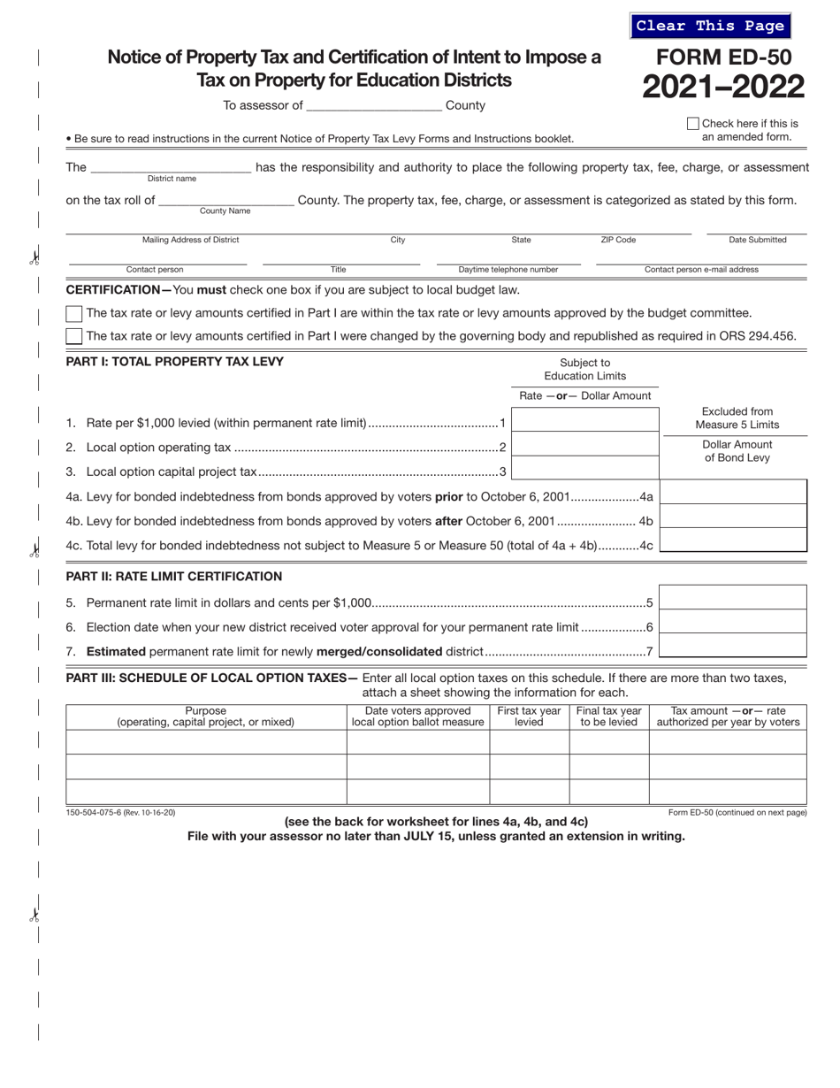 Form ED-50 (150-504-075-6) Notice of Property Tax and Certification of Intent to Impose a Tax on Property for Education Districts - Oregon, Page 1