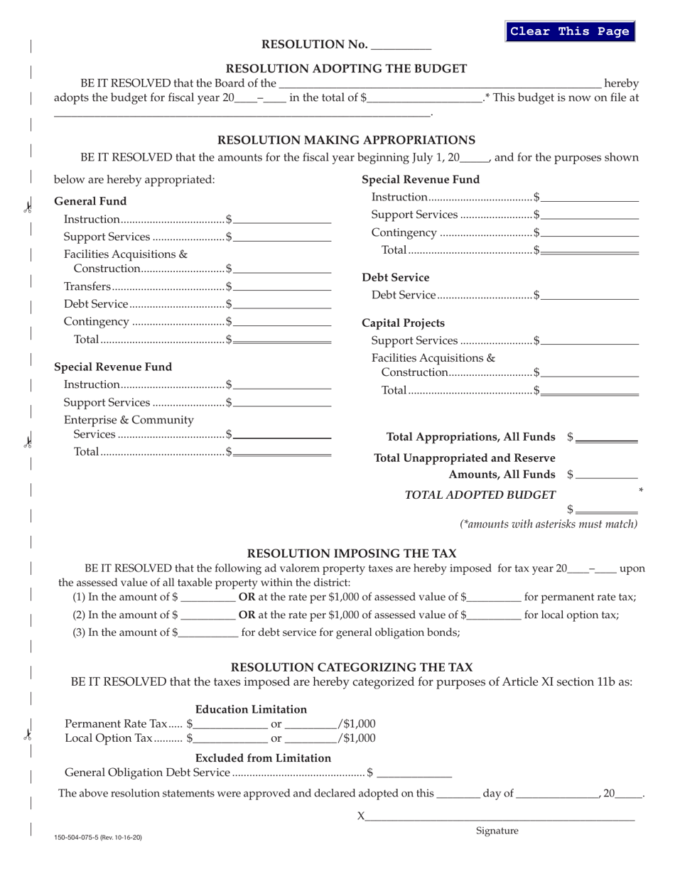 Form 150-504-075-5 Local Budget - Education Districts - Resolution - Oregon, Page 1