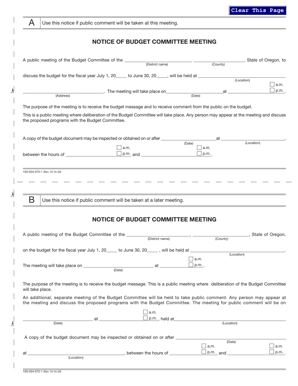 Form 150-504-073-1 Local Budget - Notice of Budget Committee Meeting - Oregon, Page 1