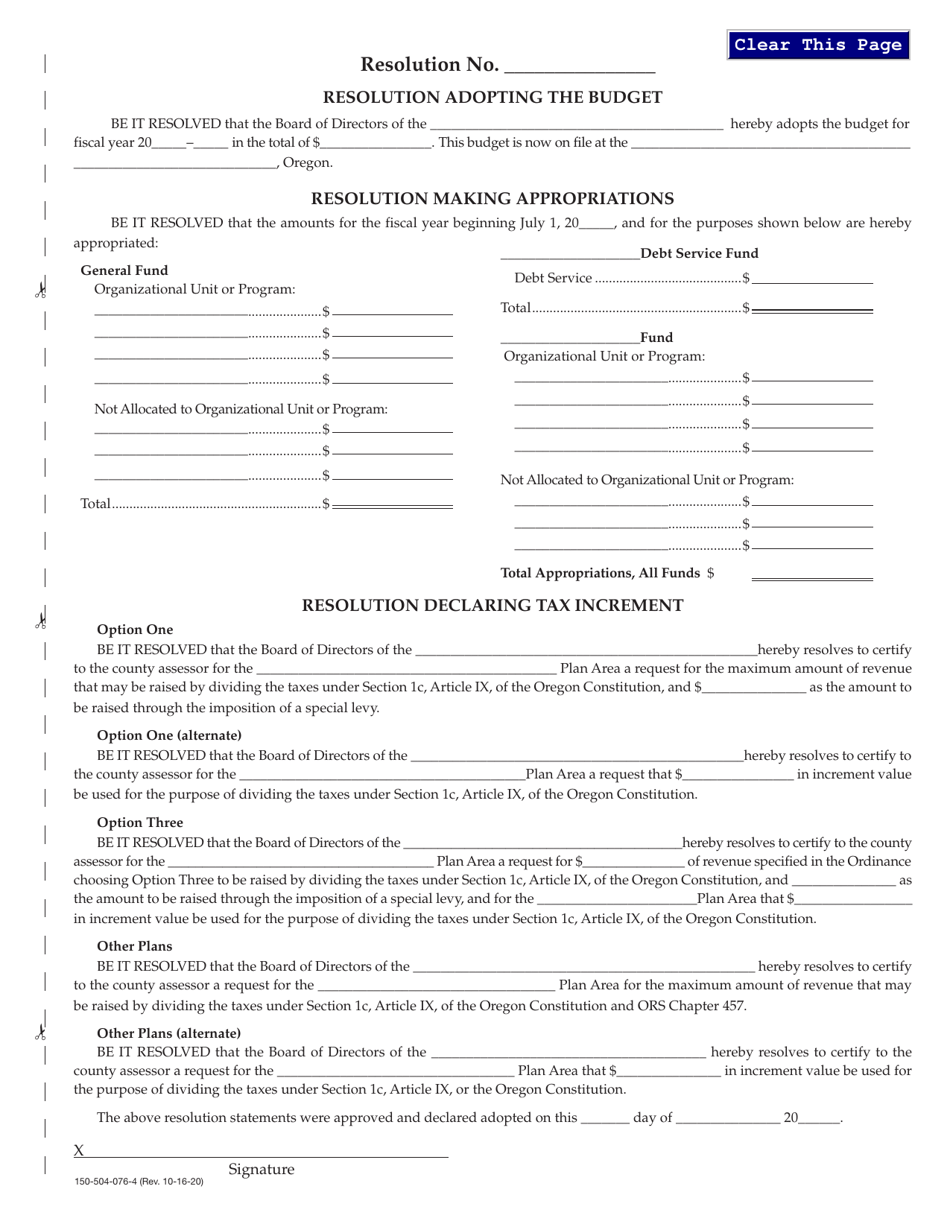 Form 150-504-076-4 Local Budget - Urban Renewal Agencies - Resolution - Oregon, Page 1