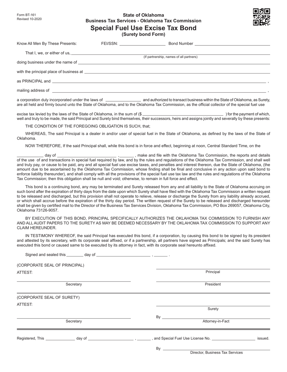 Form BT-161 Special Fuel Use Excise Tax Bond (Surety Bond Form) - Oklahoma, Page 1