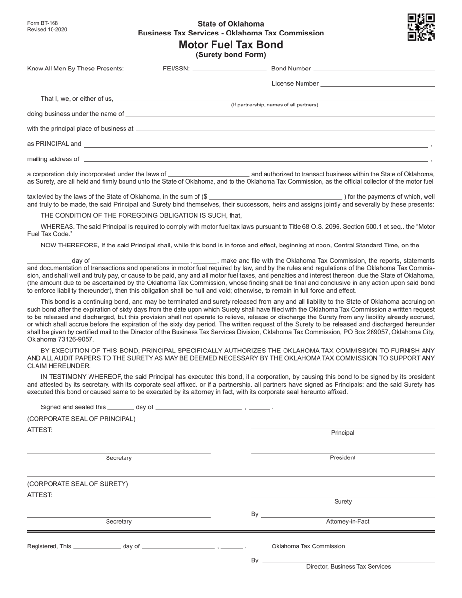Form BT-168 Motor Fuel Tax Bond (Surety Bond Form) - Oklahoma, Page 1