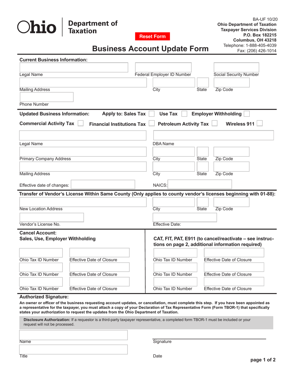 Form BA-UF Business Account Update Form - Ohio, Page 1