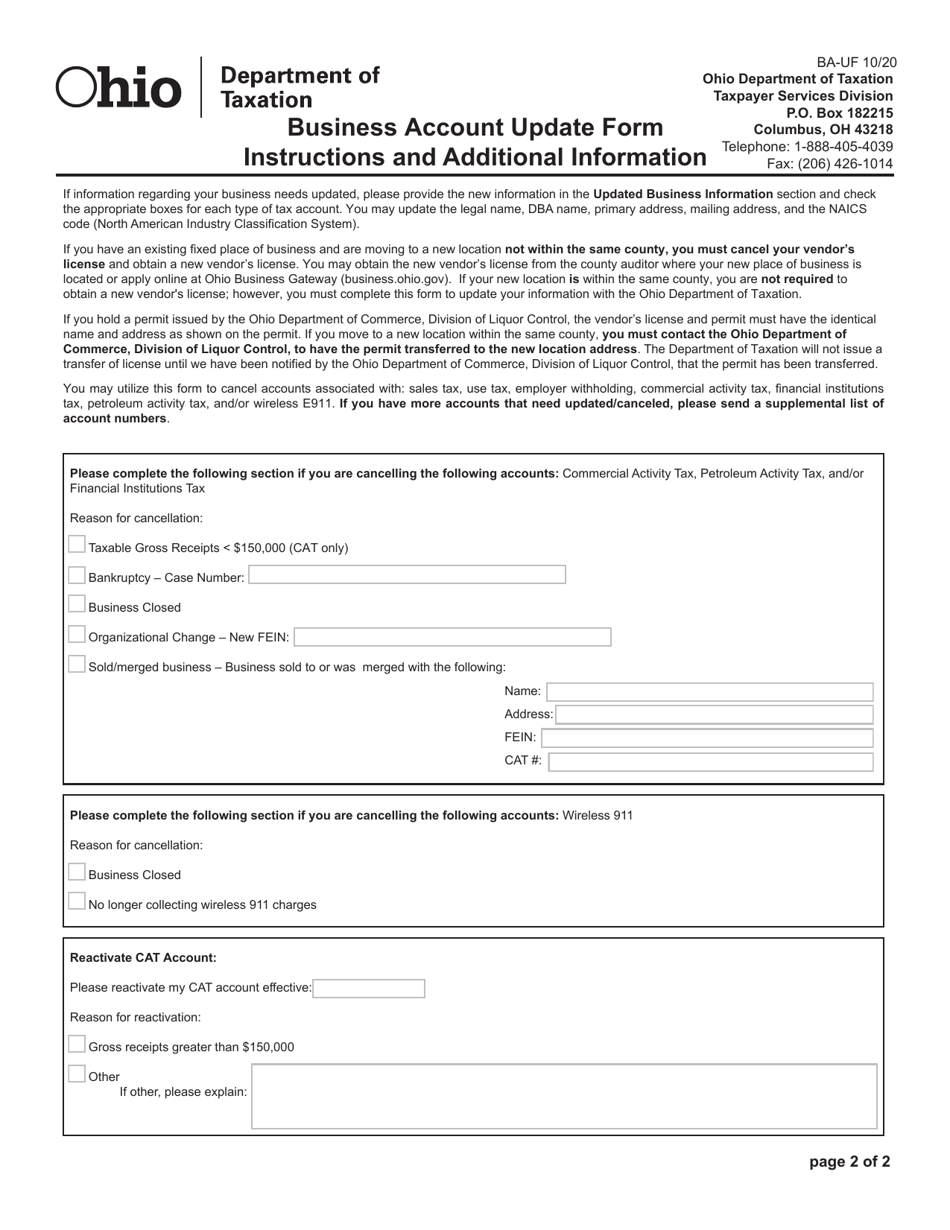 Form BA-UF Business Account Update Form - Ohio, Page 2