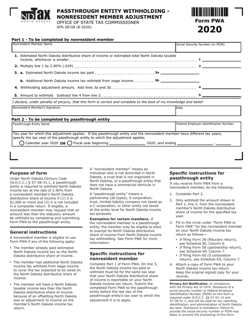 Form PWA (SFN28728) 2020 Printable Pdf