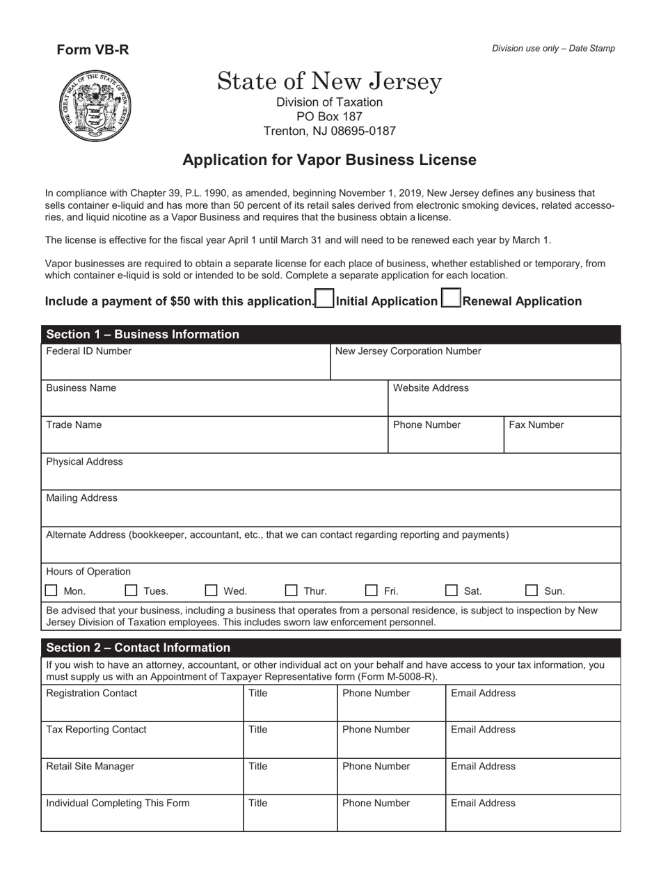 Form VB-R Application for Vapor Business License - New Jersey, Page 1