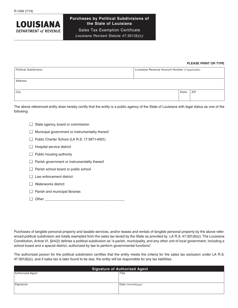 Form R-1056 Certificate of Sales / Use Tax Exemption / Exclusion of Purchases by Political Subdivisions of the State of Louisiana - Louisiana, Page 1