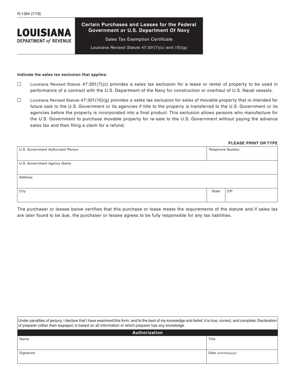 Form R-1304 Sales Tax Exemption for Certain Purchases and Leases for the Federal Government or the U.S. Department of Navy - Louisiana, Page 1