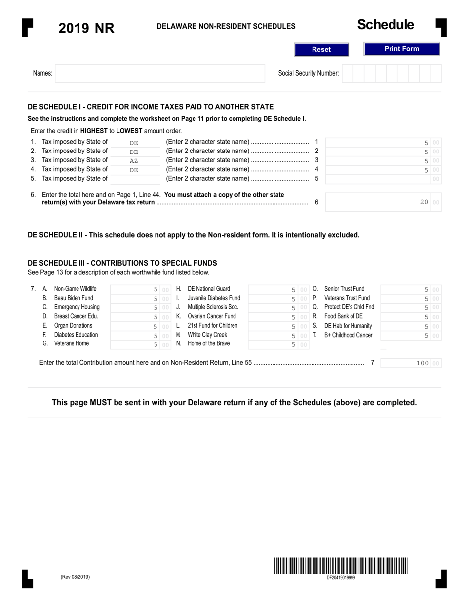 Form 200-02 Delaware Non-resident Schedules - Delaware, Page 1