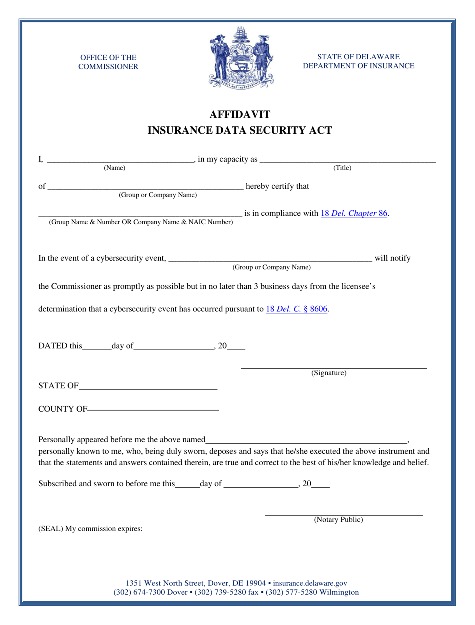 Affidavit - Insurance Data Security Act - Delaware, Page 1