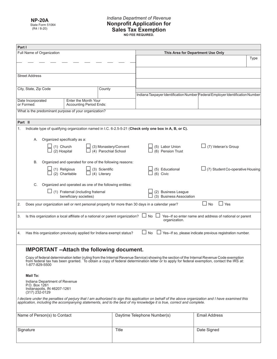 Form NP-20A (State Form 51064) Nonprofit Application for Sales Tax Exemption - Indiana, Page 1