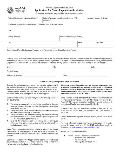 Form DP-1 (State Form 22917) Application for Direct Payment Authorization - Indiana