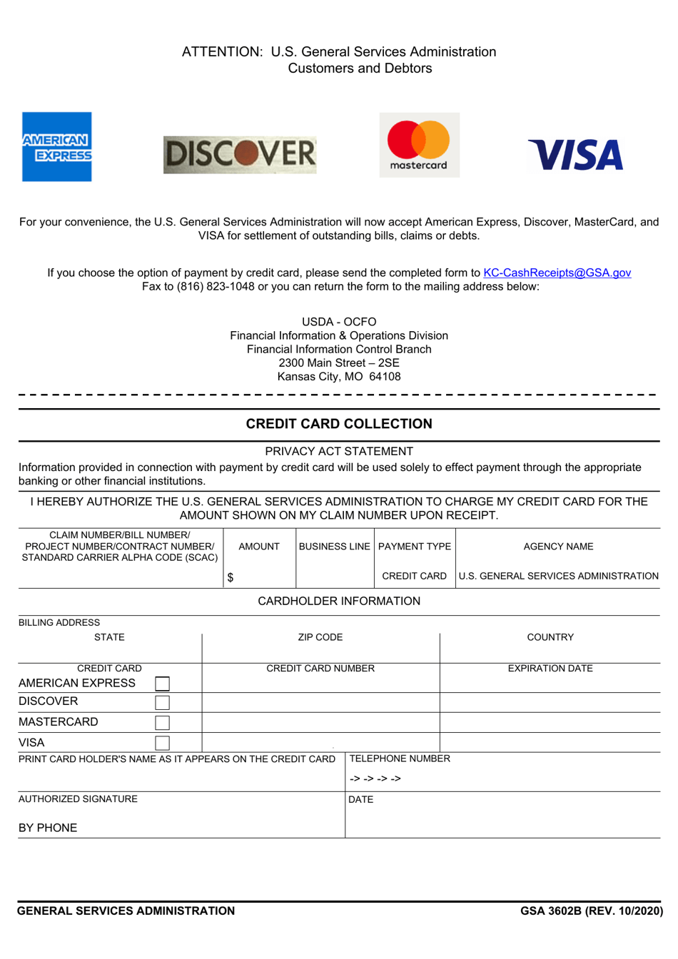 GSA Form 3602B Credit Card Collection, Page 1