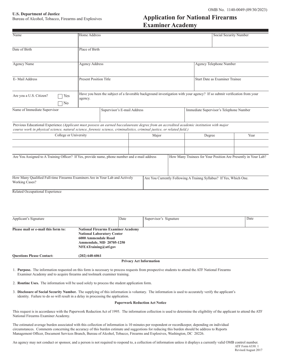 ATF Form 6330.1 Application for National Firearms Examiner Academy, Page 1