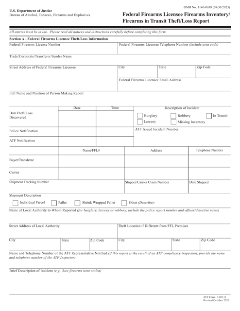 ATF Form 3310.11 Federal Firearms Licensee Firearms Inventory/Firearms in Transit Theft/Loss Report