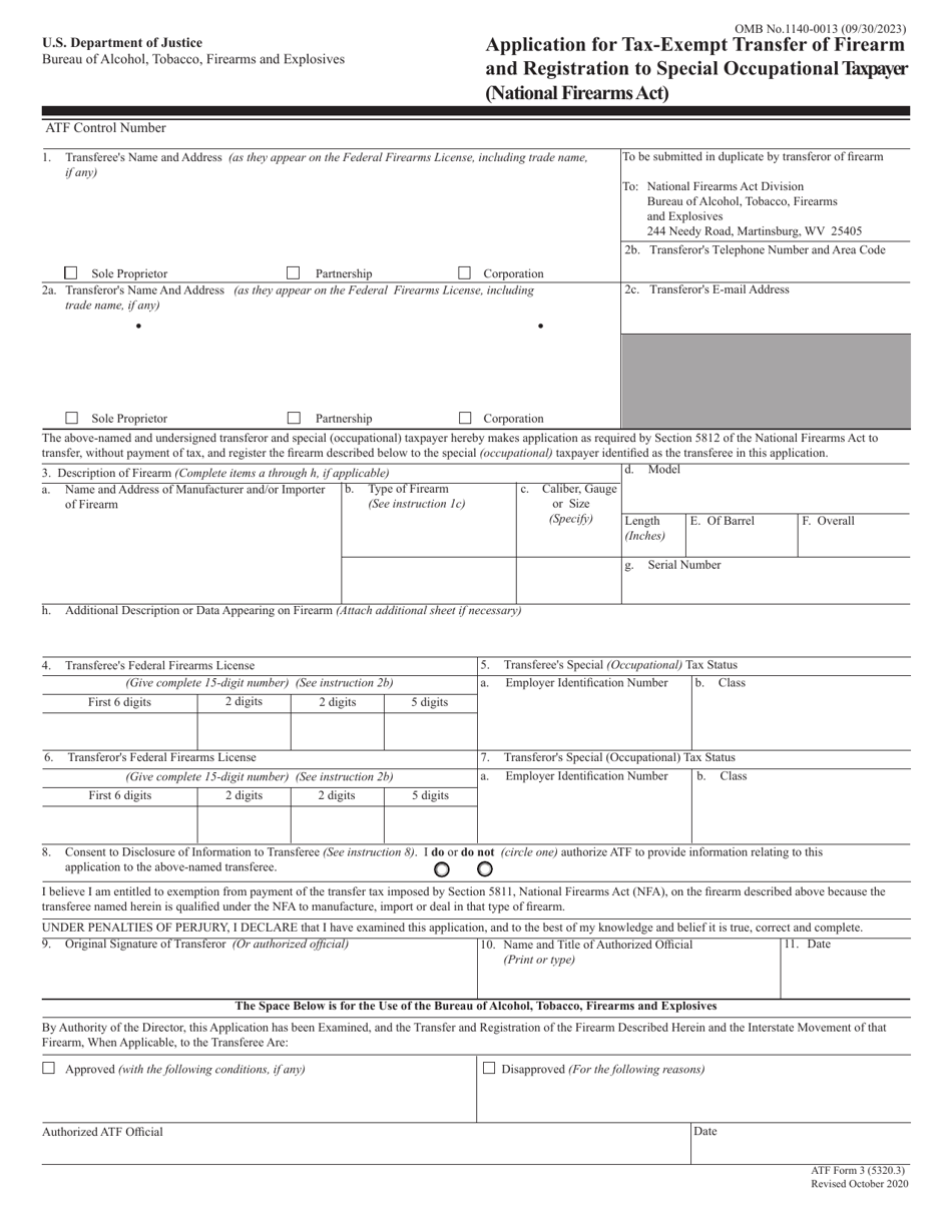 ATF Form 3 (5320.3) Application for Tax-Exempt Transfer of Firearm and Registration to Special Occupational Taxpayer (National Firearms Act), Page 1