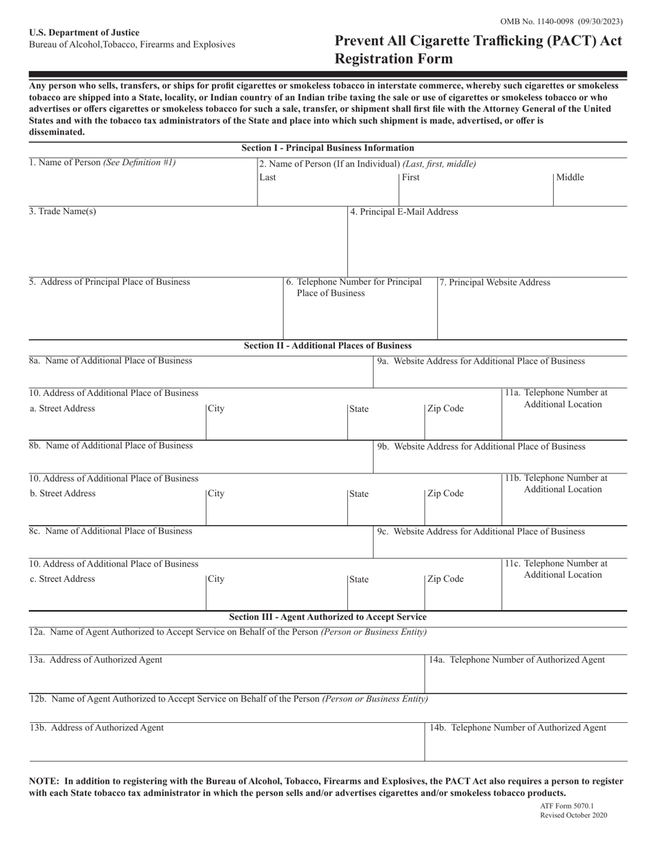 ATF Form 5070.1 Prevent All Cigarette Trafficking (Pact) Act Registration Form, Page 1