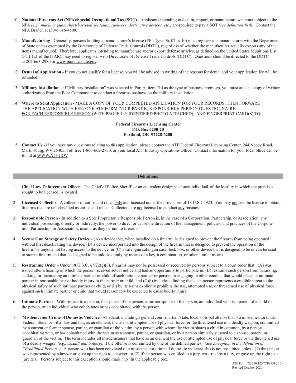 ATF Form 7 / 7CR (5310.12 / 5310.16) Application for Federal Firearms License, Page 6