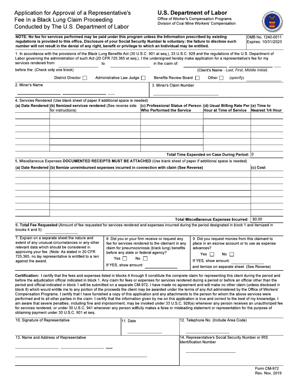 Form CM-972 Application for Approval of a Representatives Fee in a Black Lung Claim Proceeding Conducted by the U.S. Department of Labor, Page 1