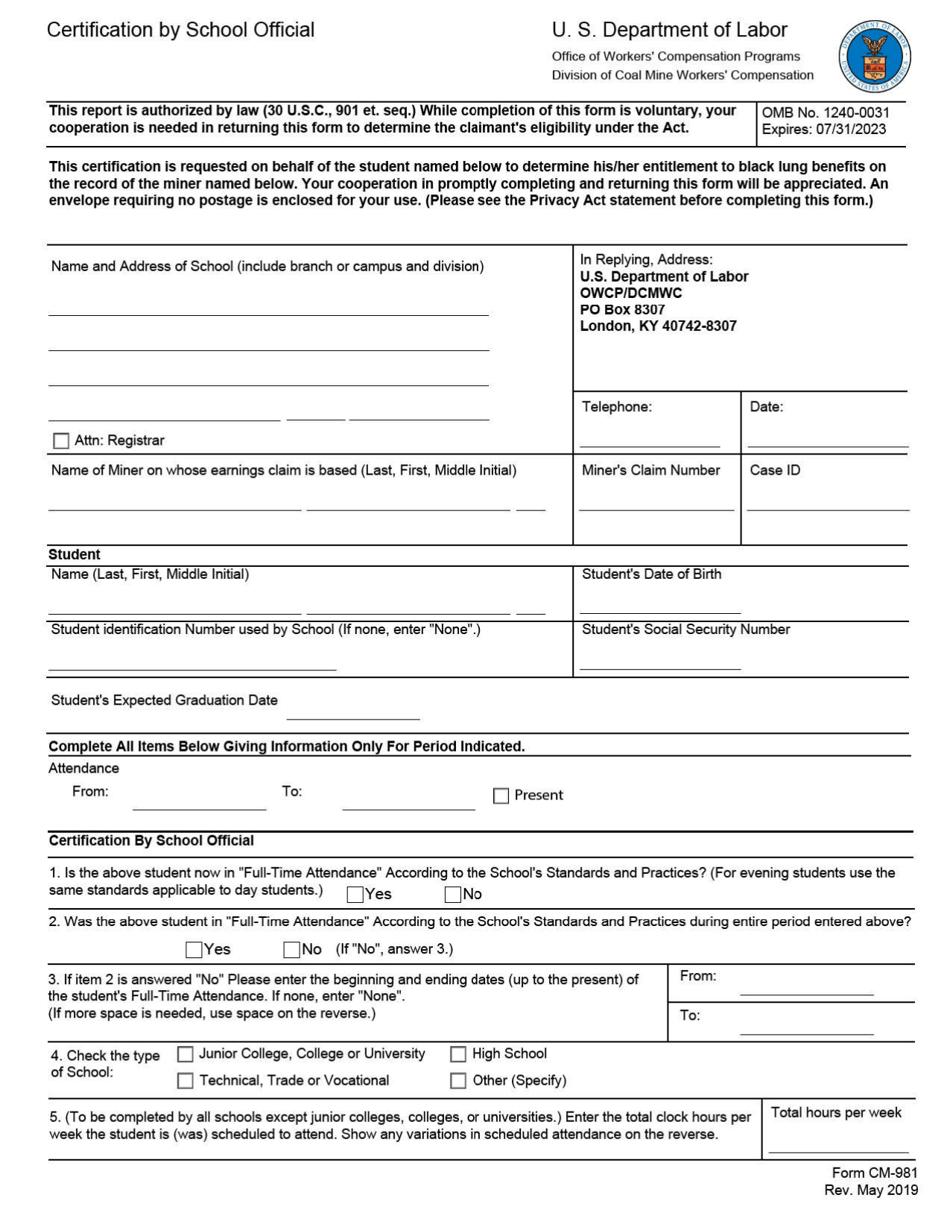 Form CM-981 Certification by School Official, Page 1