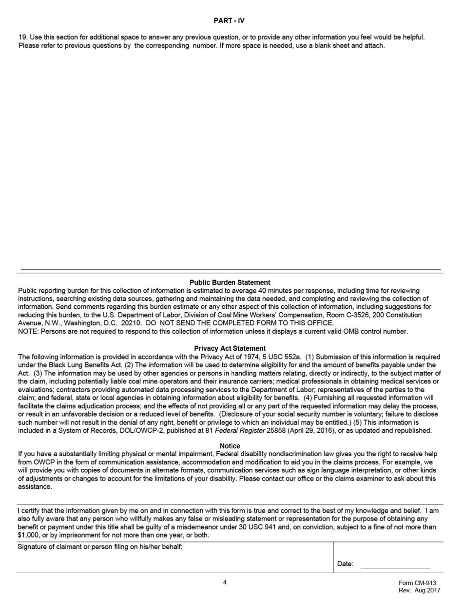 Form CM-913 Description of Coal Mine Work and Other Employment, Page 4