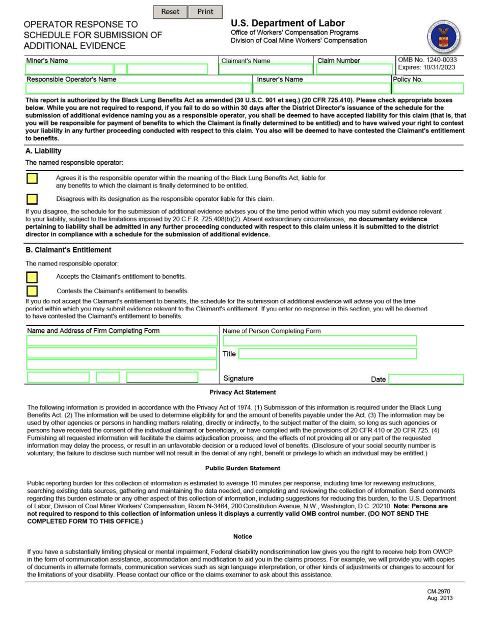 Form CM-2970 Operator Response to Schedule for Submission of Additional Evidence, Page 1