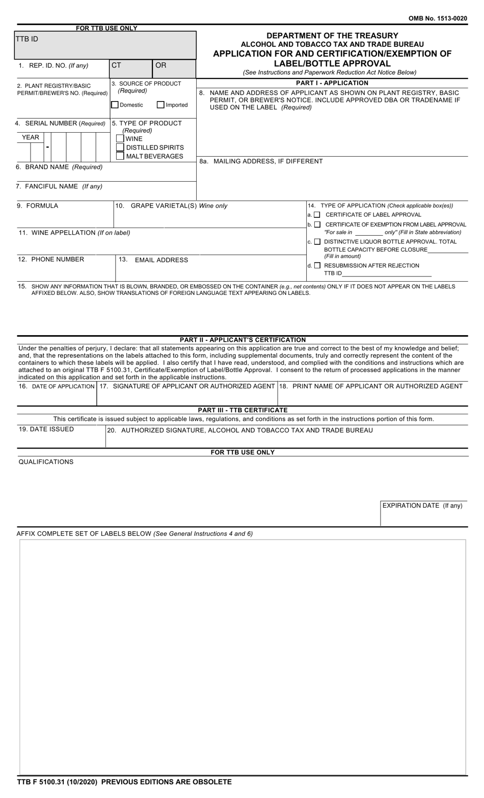 Form TTB F5100.31 Application for and Certification / Exemption of Label / Bottle Approval, Page 1