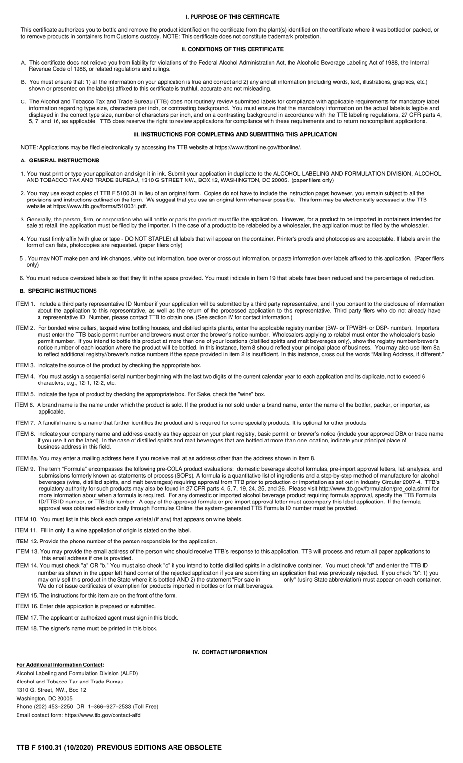 Form TTB F5100.31 Application for and Certification / Exemption of Label / Bottle Approval, Page 2