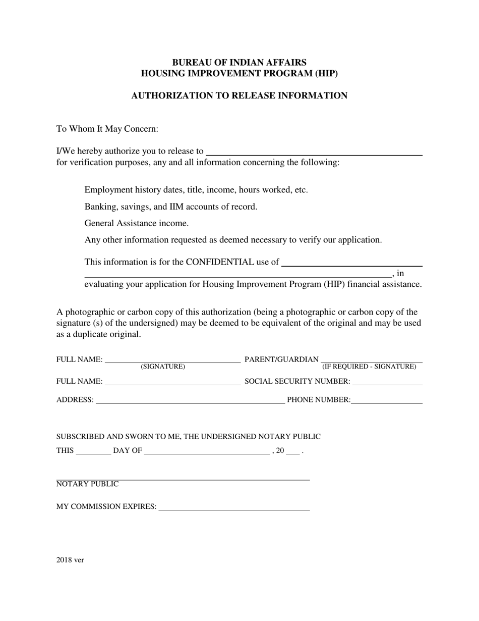 Hip Authorization to Release Information, Page 1