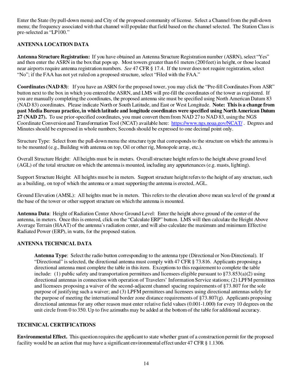 Instructions for FCC Form 2100 Schedule 318 Lower Power Fm Station Construction Permit Application, Page 14