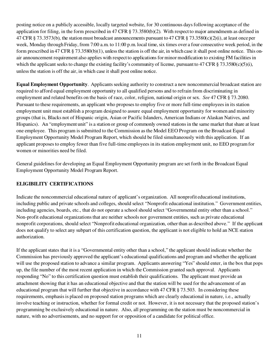 Instructions for FCC Form 2100 Schedule 340 Noncommercial Educational Reserved Channel Construction Permit Application, Page 11