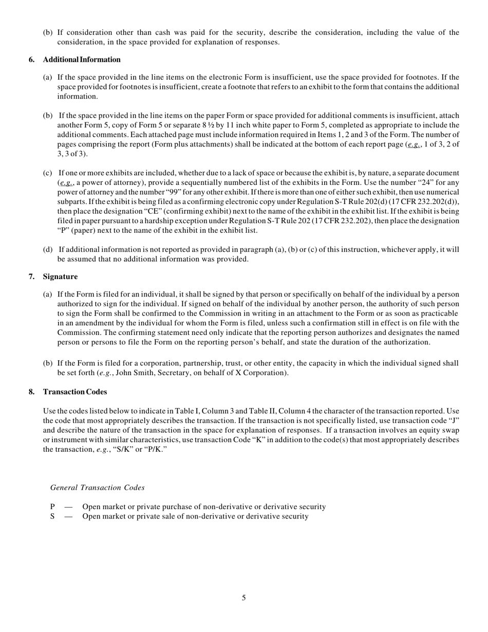 Instructions for Form 5, SEC Form 2270 Annual Statement of Changes in Beneficial Ownership of Securities, Page 5