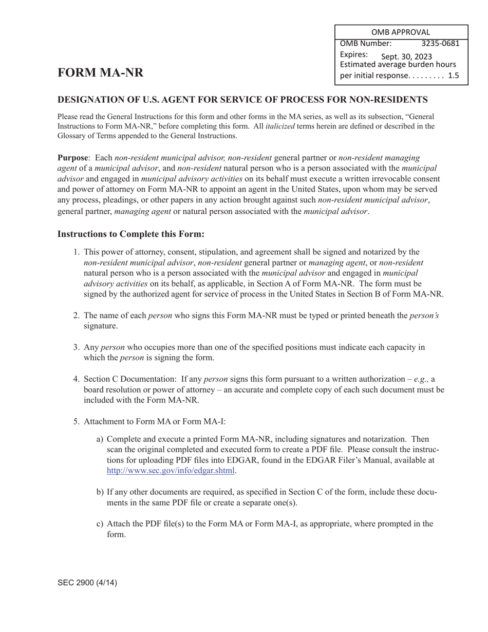 SEC Form 2900 (MA-NR) Designation of U.S. Agent for Service of Process for Non-residents, Page 1