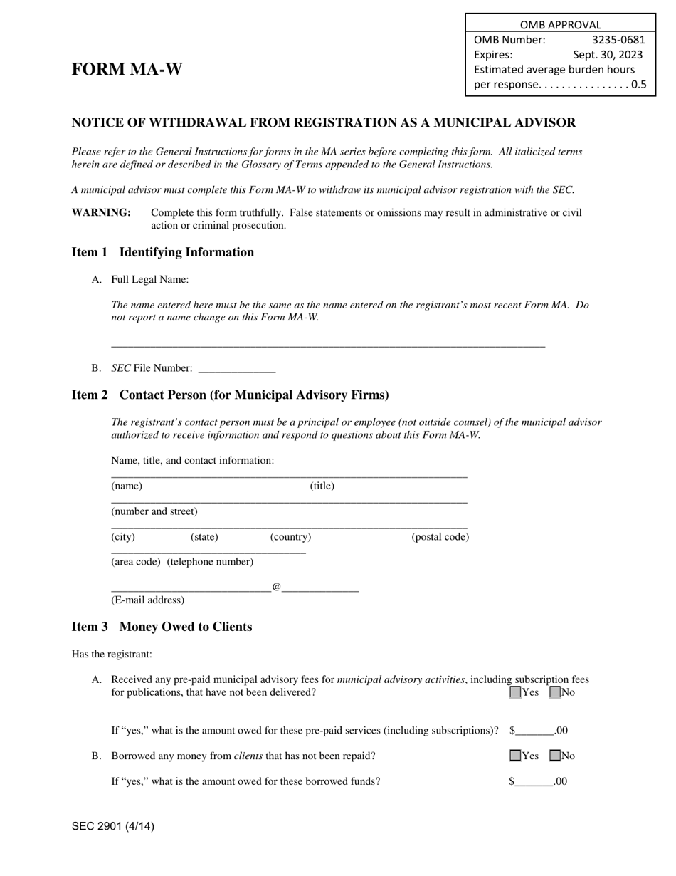 SEC Form 2901 (MA-W) Notice of Withdrawal From Registration as a Municipal Advisor, Page 1