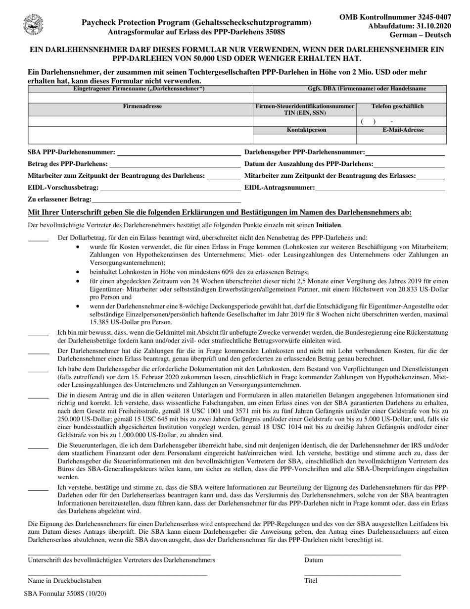 SBA Form 3508S PPP Loan Forgiveness Application Form (German), Page 1