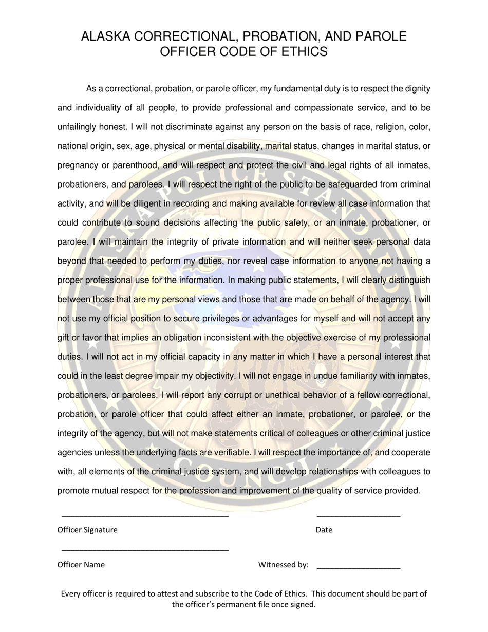 Alaska Correctional, Probation, and Parole Officer Code of Ethics - Alaska, Page 1