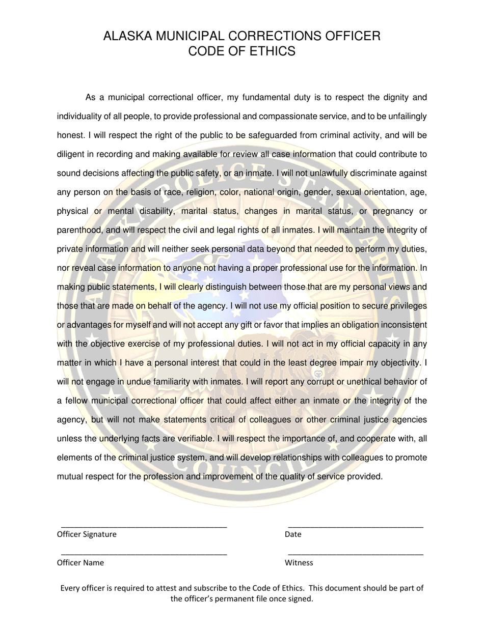 Alaska Municipal Corrections Officer Code of Ethics - Alaska, Page 1