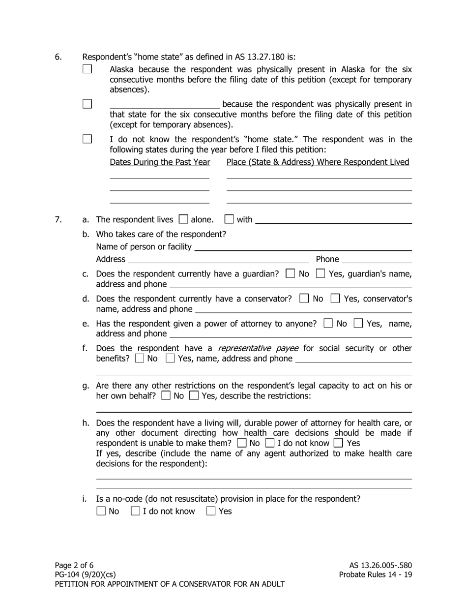 Form PG-104 Petition for Appointment of a Conservator for an Adult - Alaska, Page 2