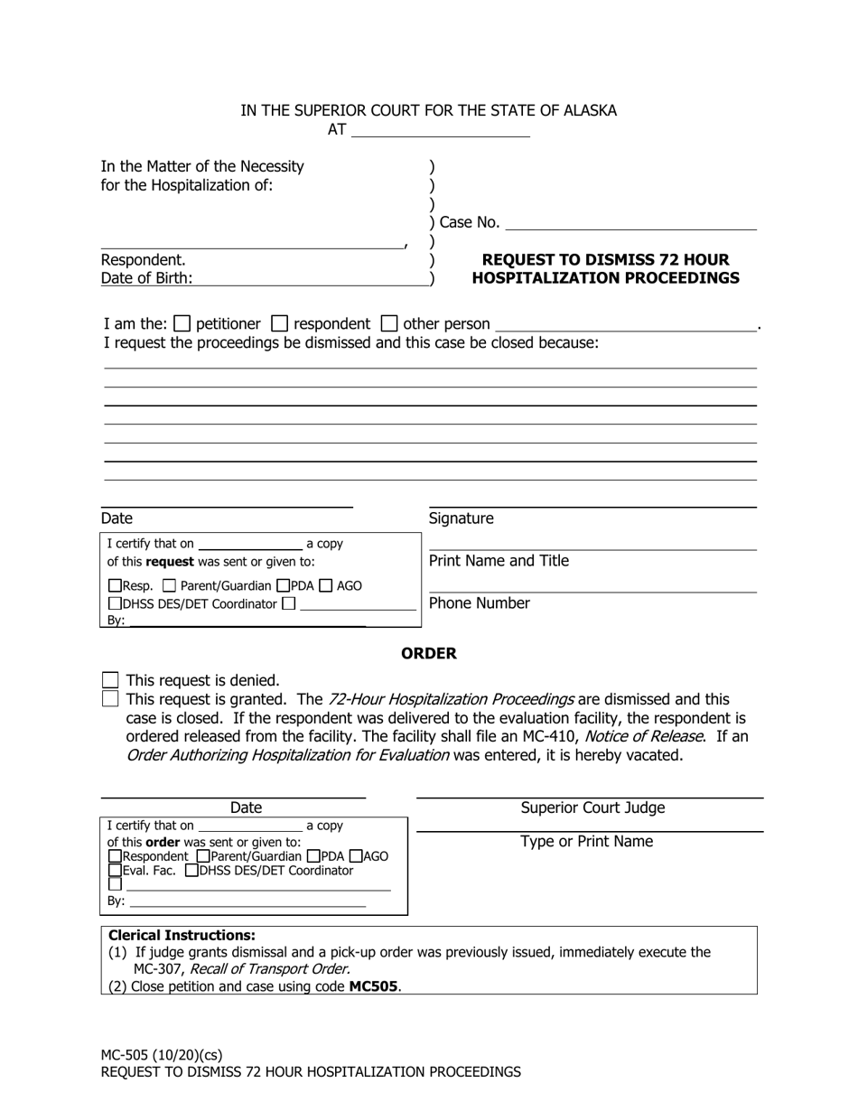 Form MC-505 Request to Dismiss 72 Hour Hospitalization Proceedings - Alaska, Page 1