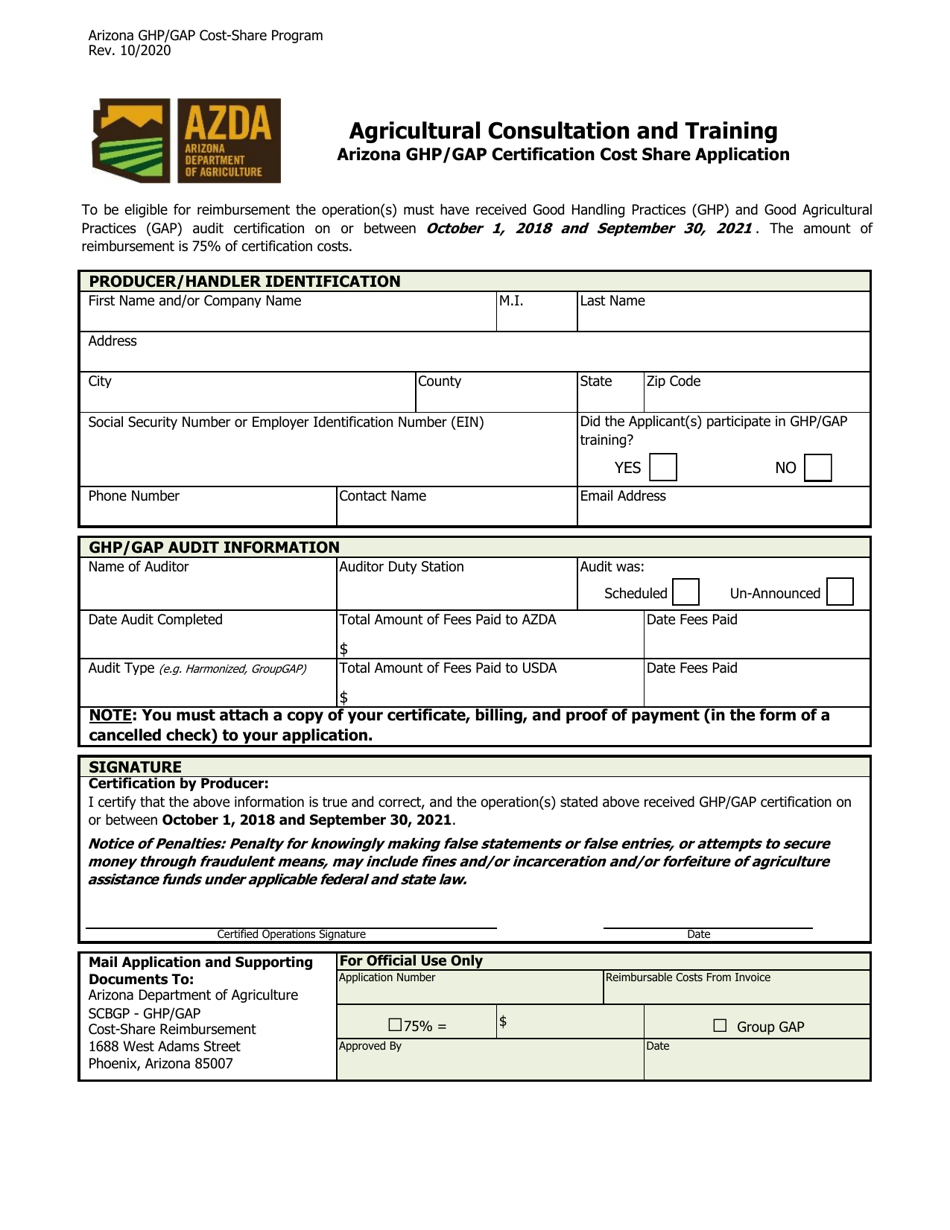Agricultural Consultation and Training - Arizona Ghp / Gap Certification Cost Share Application - Arizona, Page 1