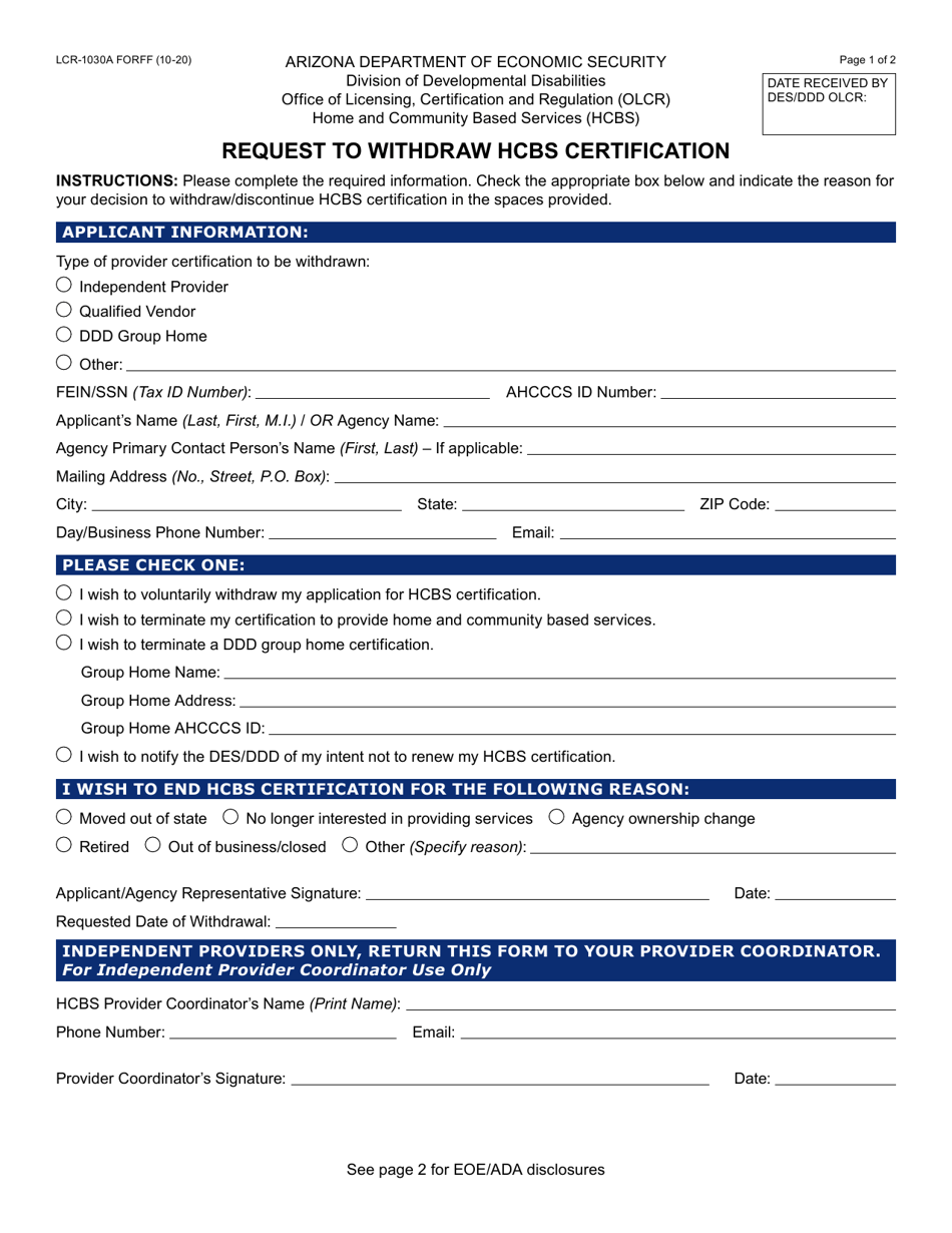 Form LCR-1030A Request to Withdraw Hcbs Certification - Arizona, Page 1