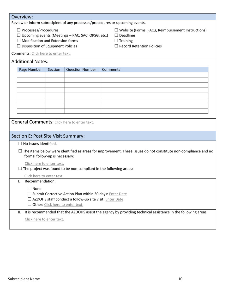 Azdohs Site Monitoring Form - Arizona, Page 10